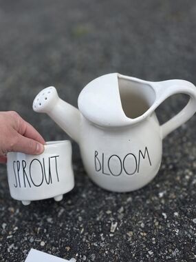 Rae Dunn White Ceramic "Bloom" Watering Can and "Sprout" Planter